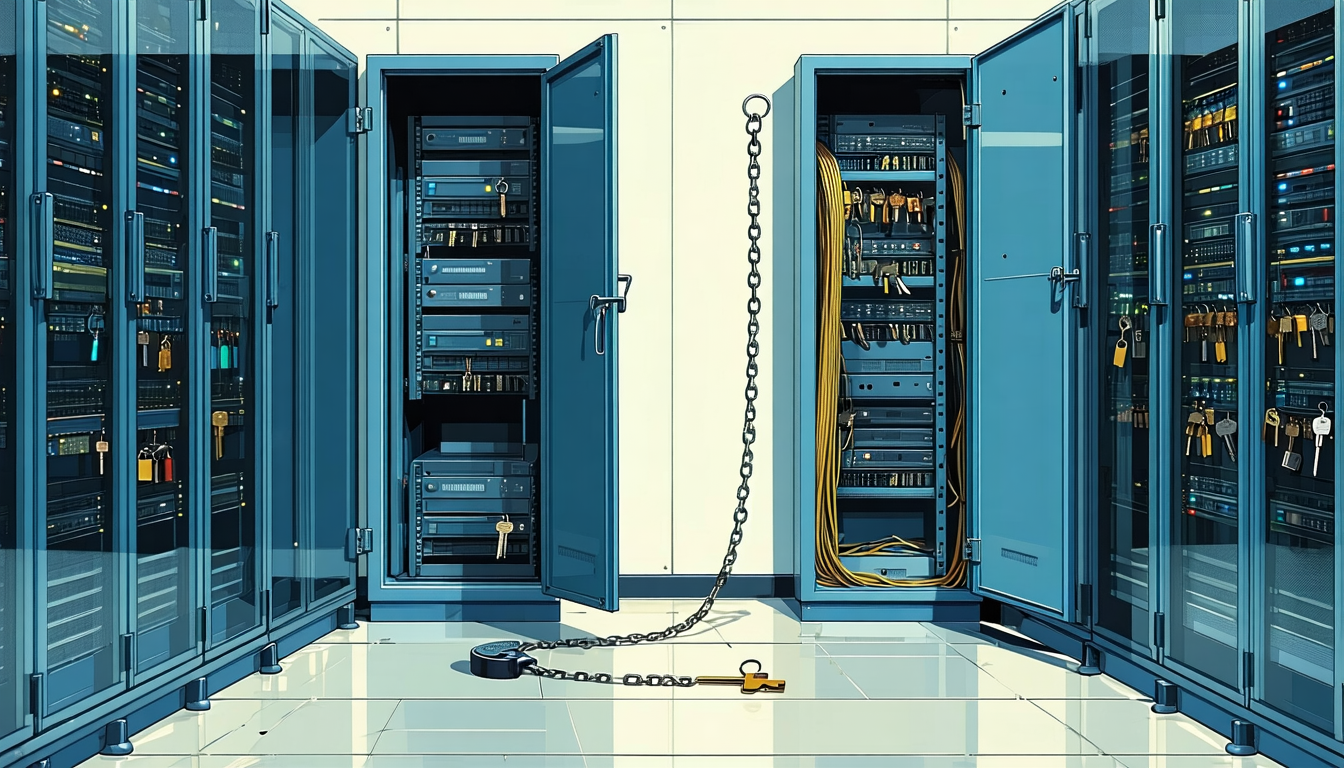 Illustration accompanying Whoever holds a LiteLLM master key reads every provider key and the host's IAM credentials