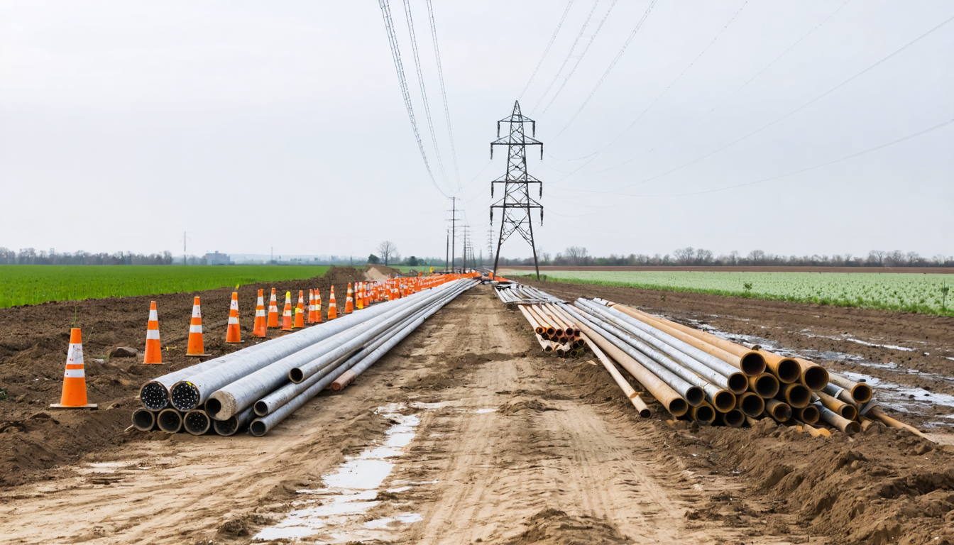 Illustration accompanying Bipartisan permitting bill would speed power lines and pipelines alike for the AI build-out