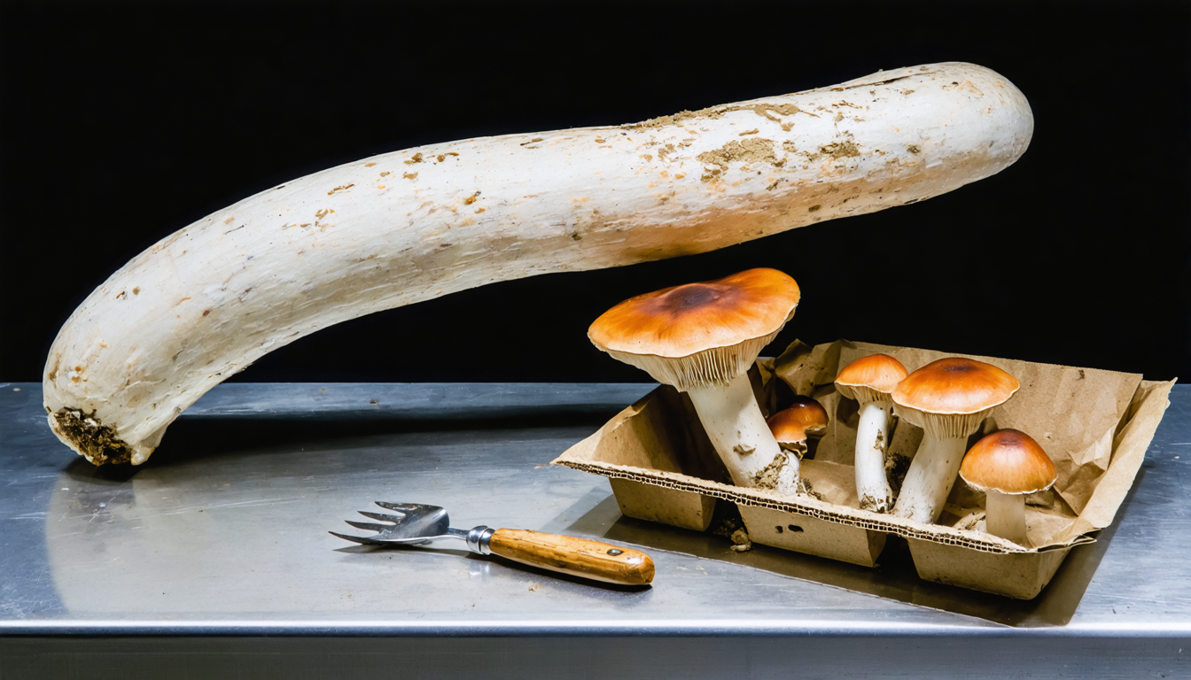 Illustration accompanying New fungus Dianjunus rex, up to 50 cm tall, is largest known ascomycete fruiting body