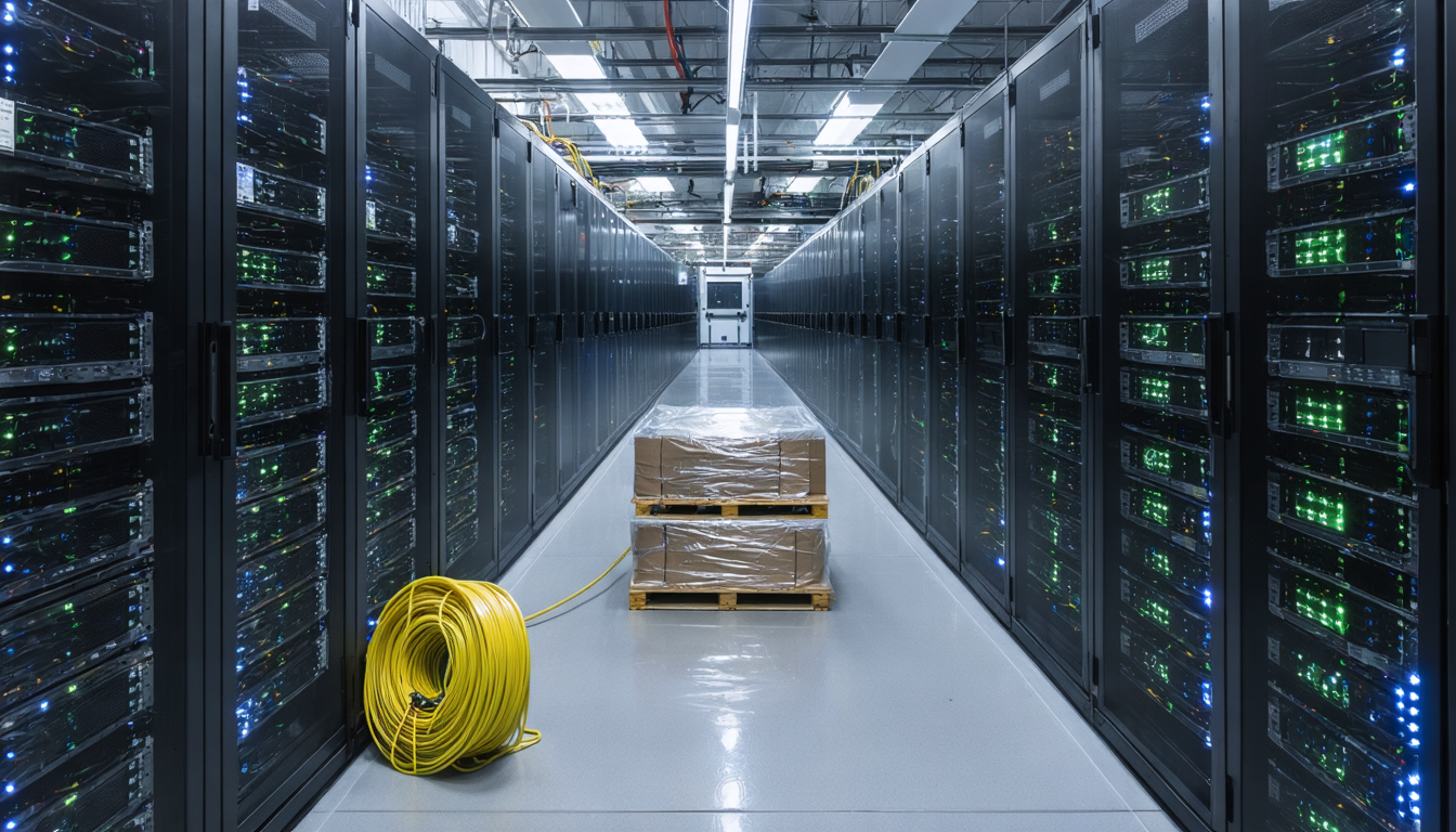 Illustration: Inside a data hall, a row of GPU server racks with the first several bays fully populated and cabled, while the last bays hold only empty rails and a pallet of sealed server crates strapped in plastic wrap sits in the aisle. A yellow power cable reel lies unrolled, its end unplugged, on the concrete floor.