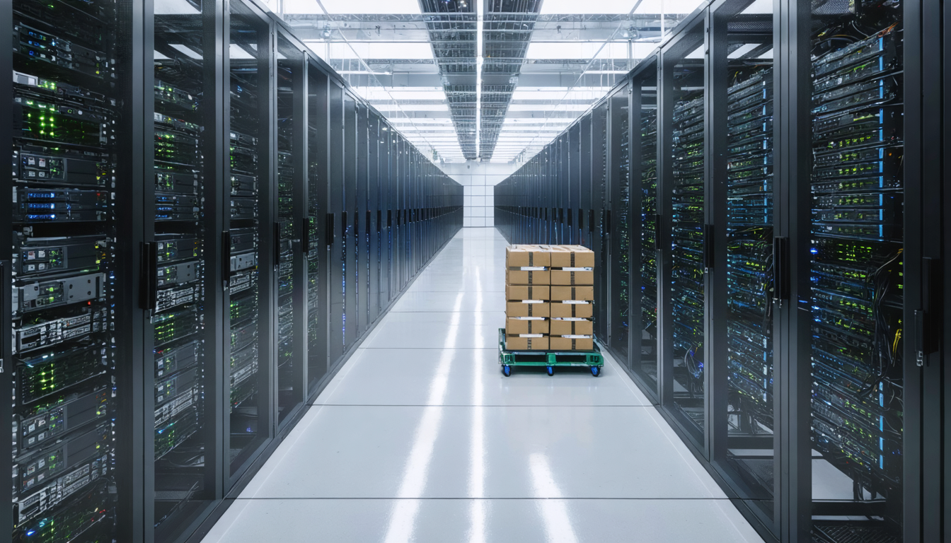 Illustration: Inside a data hall aisle, two rows of server racks seen end-on: the left row is fully populated with GPU servers, cables dressed neatly, while the right row is half-filled, with empty rack units, blanking panels stacked on a cart, and a pallet of sealed hardware crates waiting beside it. Concrete floor, ceiling cable trays, cool overhead lighting.
