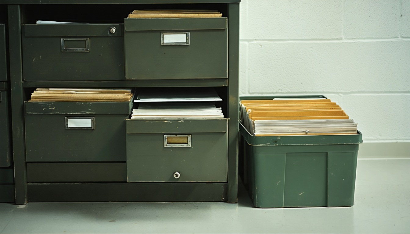Illustration: A paper-based office filing room: a steel filing cabinet with several drawers pulled open, folders inside with some visibly rearranged and bent, while a second identical set of neatly aligned duplicate folders sits in a banker's box on the desk beside it. Overhead fluorescent light, worn linoleum, a rubber stamp pad nearby.