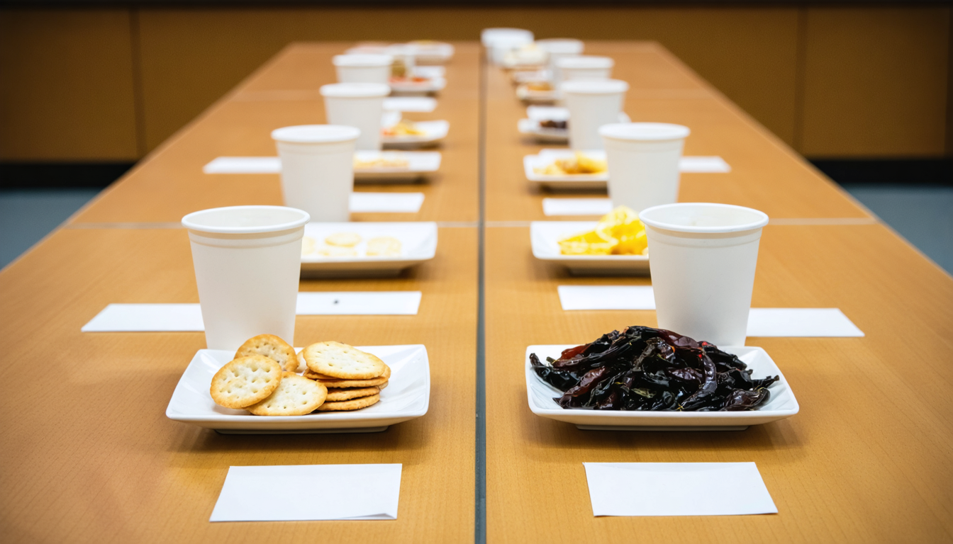 Illustration: A long wooden cafeteria tasting table in a research lab break room: two rows of plain white paper cups holding different foods, a pair of near-identical pale crackers on one side and, across the table, a sharply different pile of dark chilies and a lemon wedge. Small unmarked cards sit beside each cup, blank.