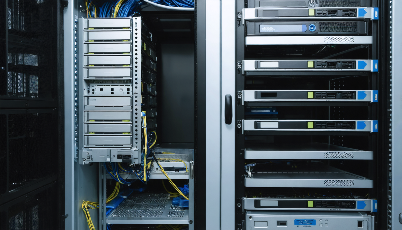 Illustration: A rack-mounted file server in a small server room, its front drive bay open with one drive sled pulled halfway out; beside it on a shelf, a row of identical external backup drives, one with its casing screw removed and the lid slightly ajar. Ordinary dust, cable ties, patch cables, fluorescent ceiling light.